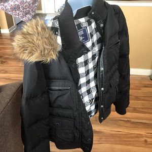 PINK winter coat, small, black, fur hood